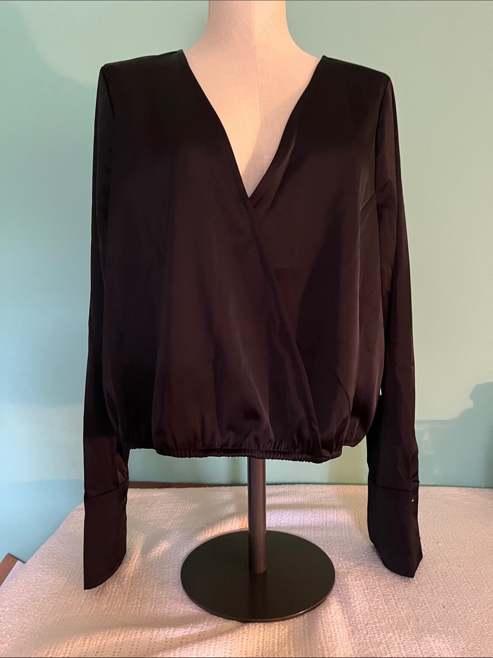 Good American Black Surplice V-Neck Blouse